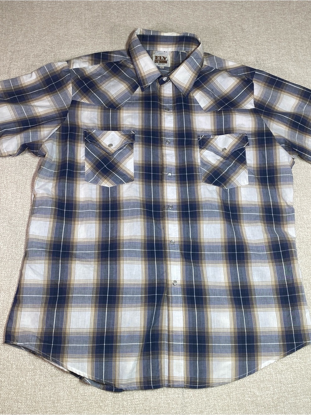 Ely Cattleman Western Shirt Mens XL Blue Plaid Short Sleeve Pearl Snap Flap